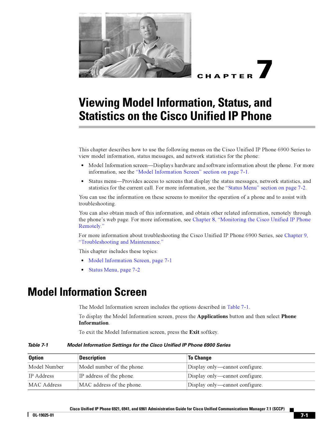 Cisco Systems CP6921CK9 manual Model Information Screen, Status Menu 