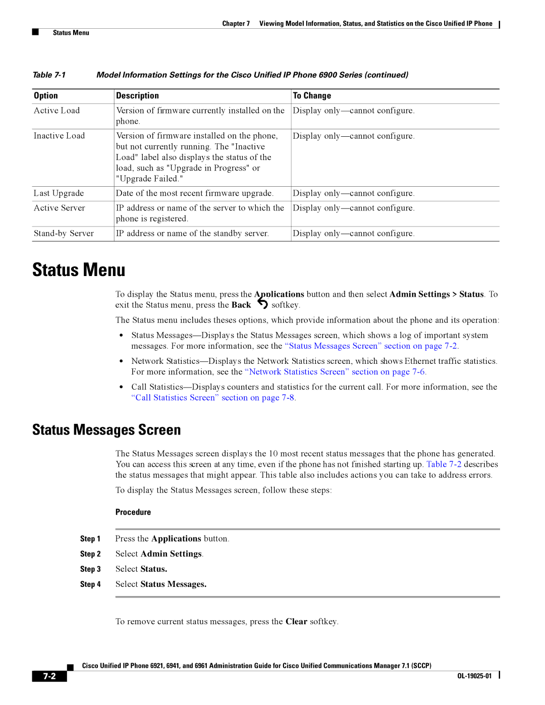 Cisco Systems CP6921CK9 manual Status Menu, Status Messages Screen, Select Status Messages 