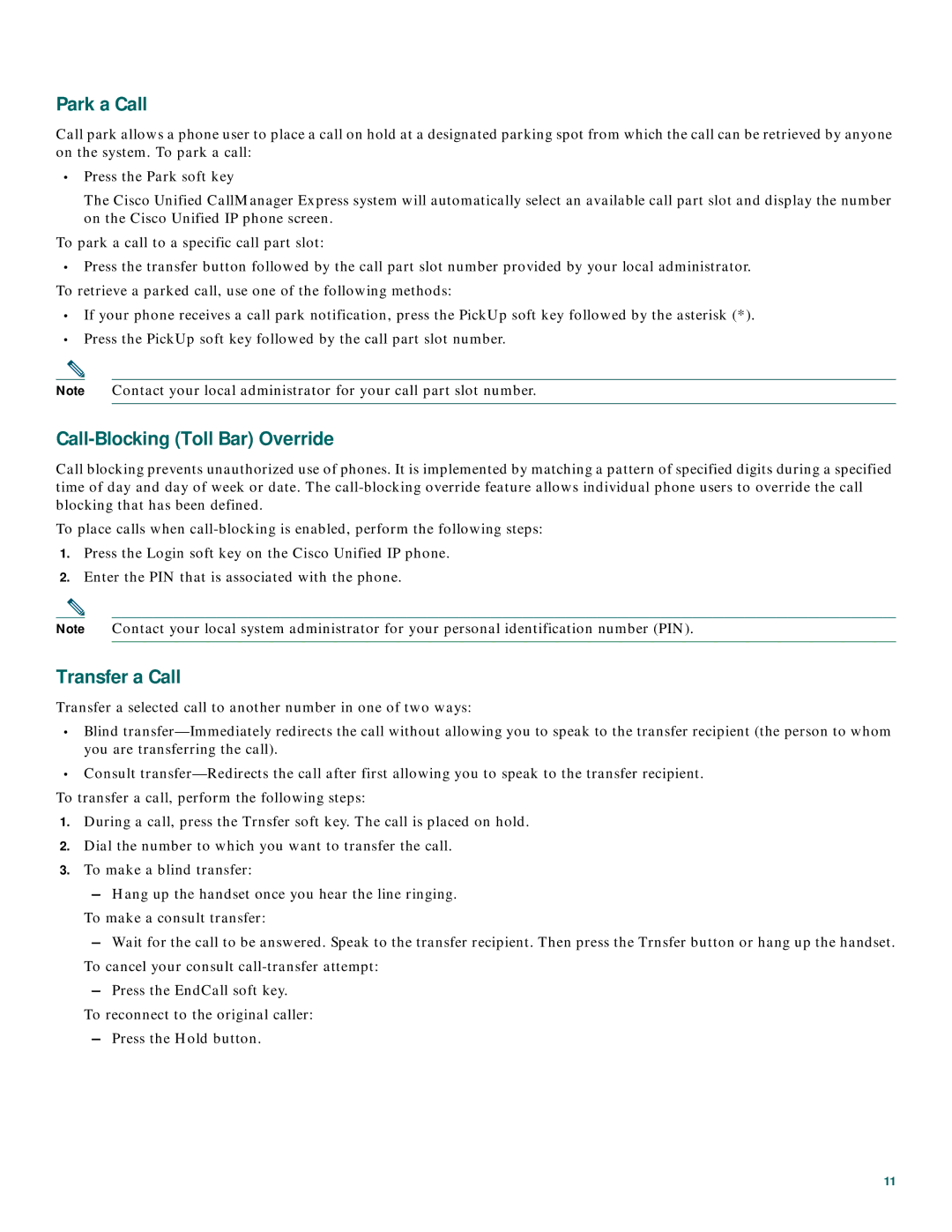 Cisco Systems CP7910GRF manual Park a Call, Call-Blocking Toll Bar Override 