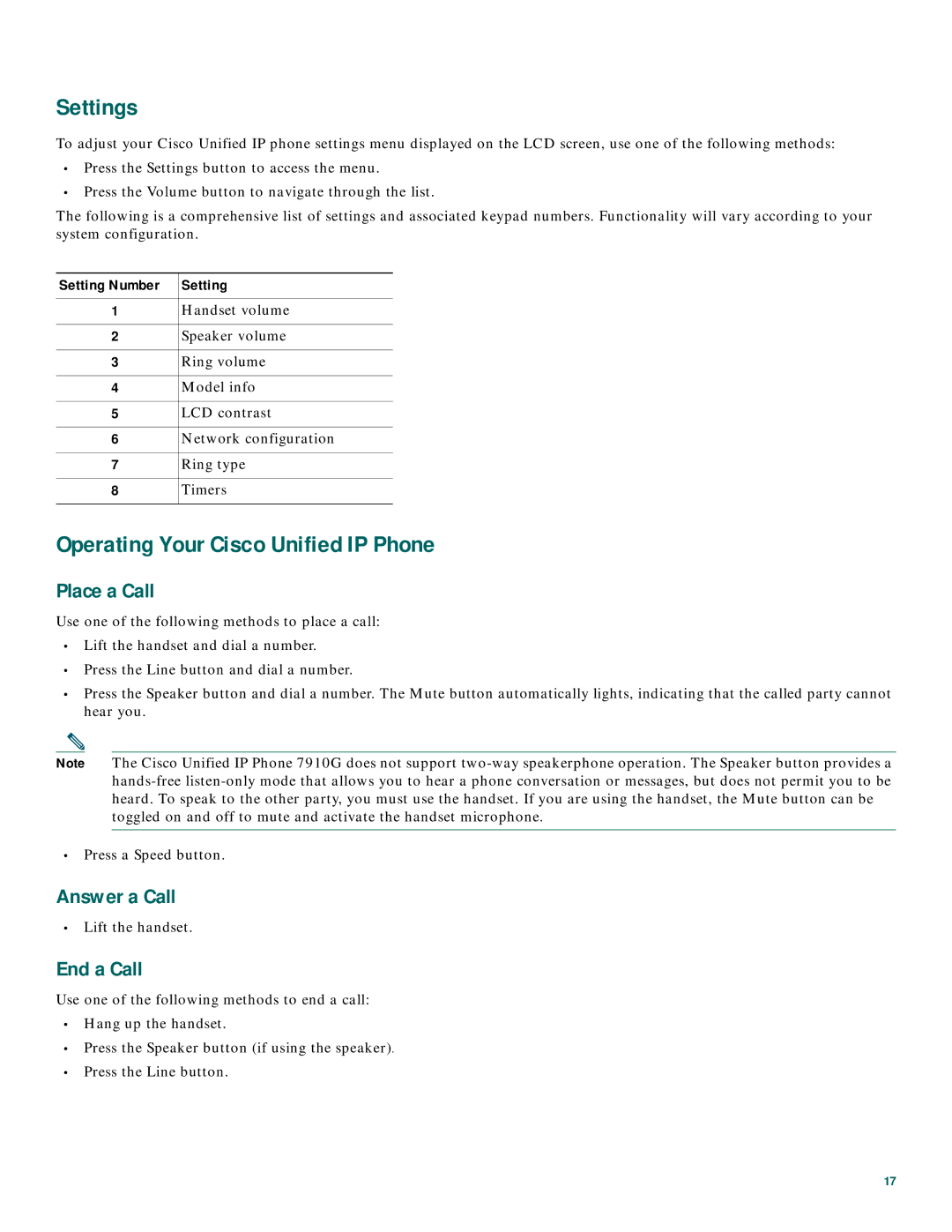 Cisco Systems CP7910GRF manual Settings 