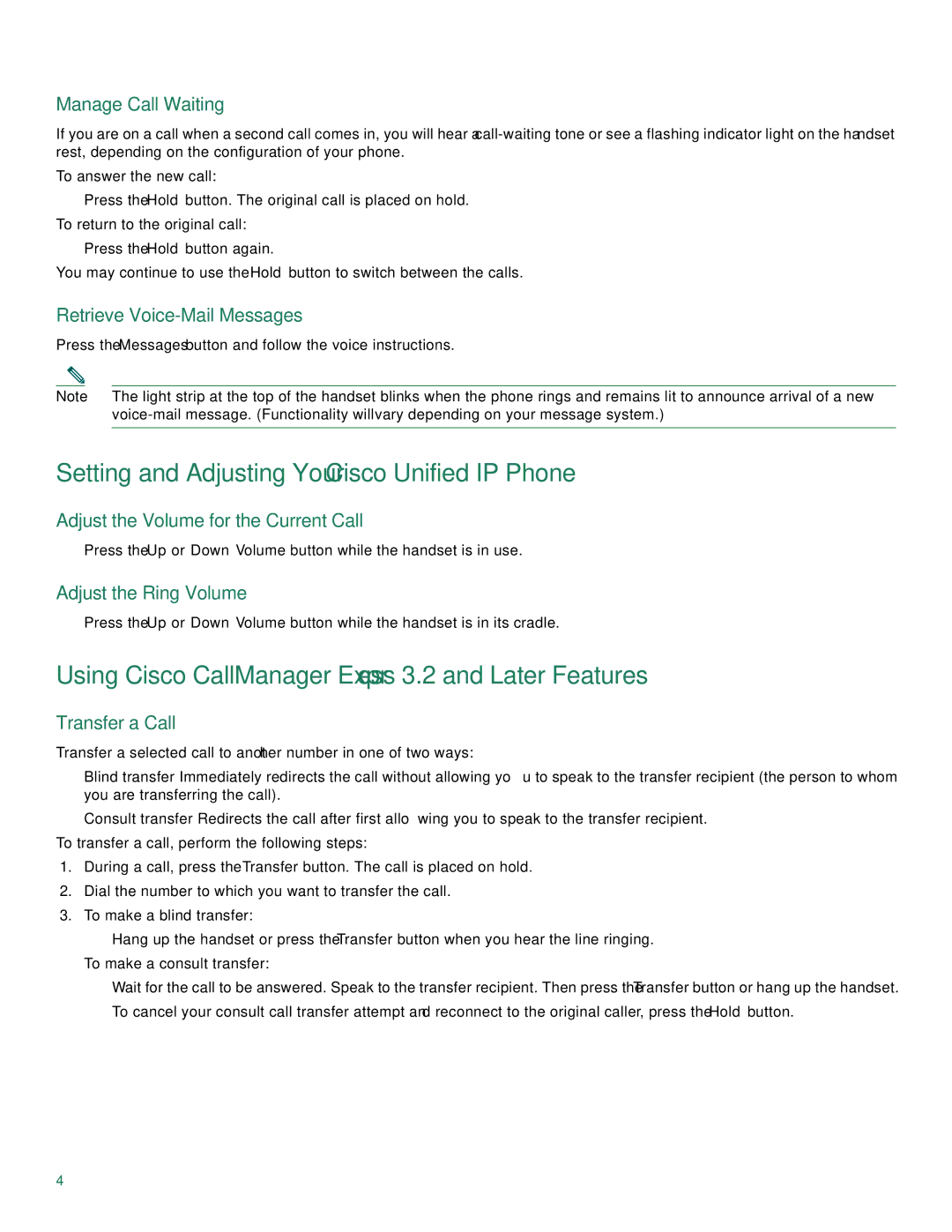 Cisco Systems CP7910GRF manual Manage Call Waiting, Retrieve Voice-Mail Messages, Adjust the Volume for the Current Call 