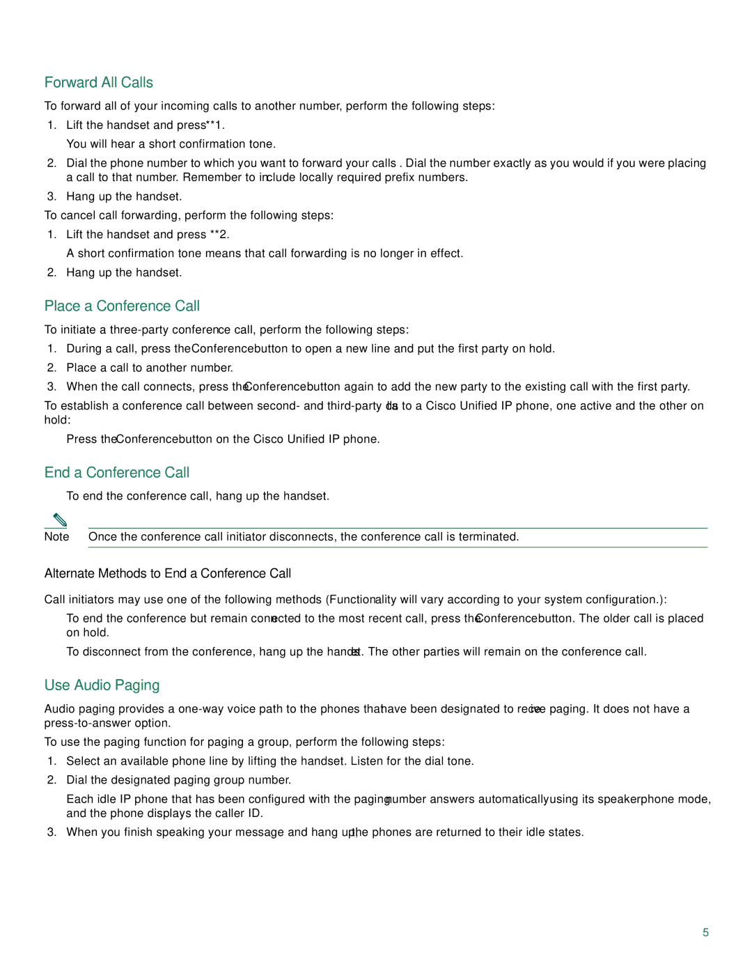 Cisco Systems CP7910GRF manual Forward All Calls, Place a Conference Call, End a Conference Call, Use Audio Paging 