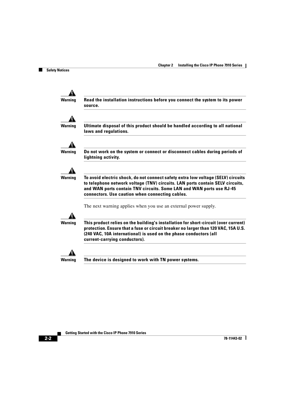 Cisco Systems CP7910GSWRF manual Next warning applies when you use an external power supply 