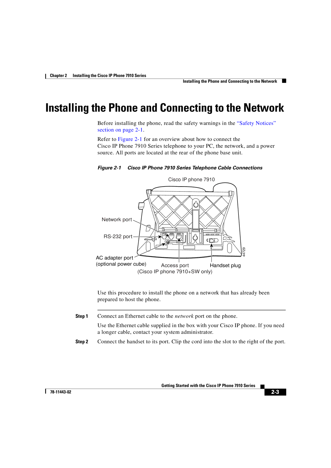 Cisco Systems CP7910GSWRF manual Installing the Phone and Connecting to the Network 