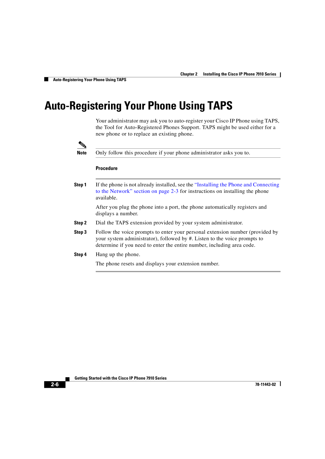 Cisco Systems CP7910GSWRF manual Auto-Registering Your Phone Using Taps, Procedure 