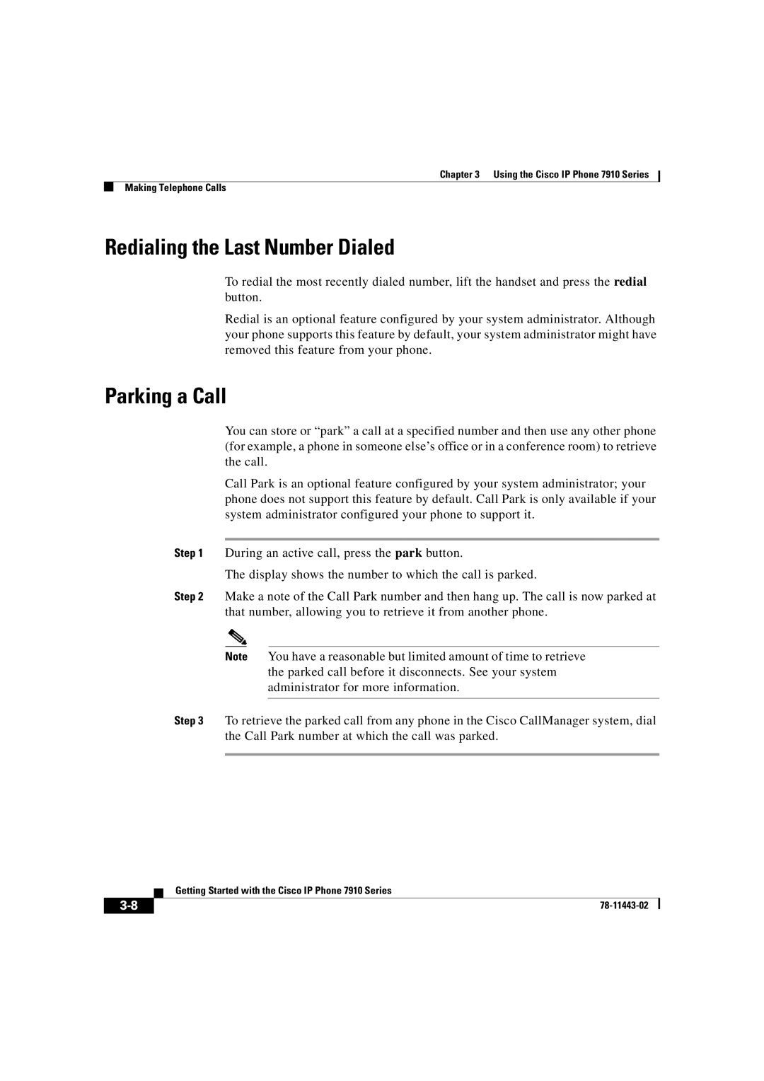 Cisco Systems CP7910GSWRF manual Redialing the Last Number Dialed, Parking a Call 