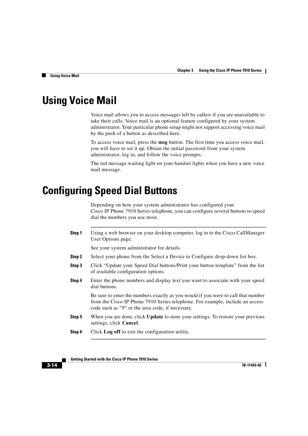 Cisco Systems CP7910GSWRF manual Using Voice Mail, Configuring Speed Dial Buttons 