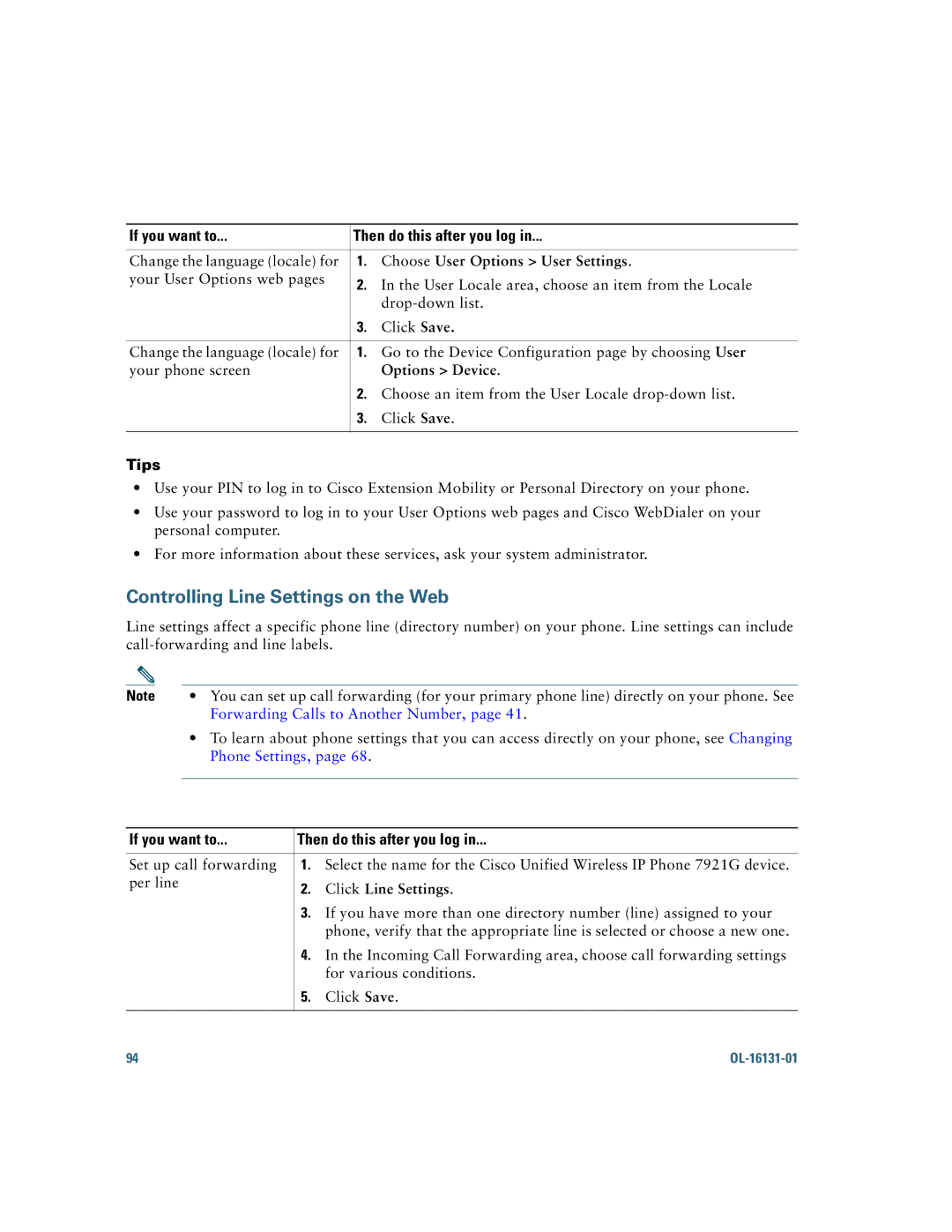 Cisco Systems CP7921GAK9RF manual Options Device, Forwarding Calls to Another Number, Phone Settings, Click Line Settings 