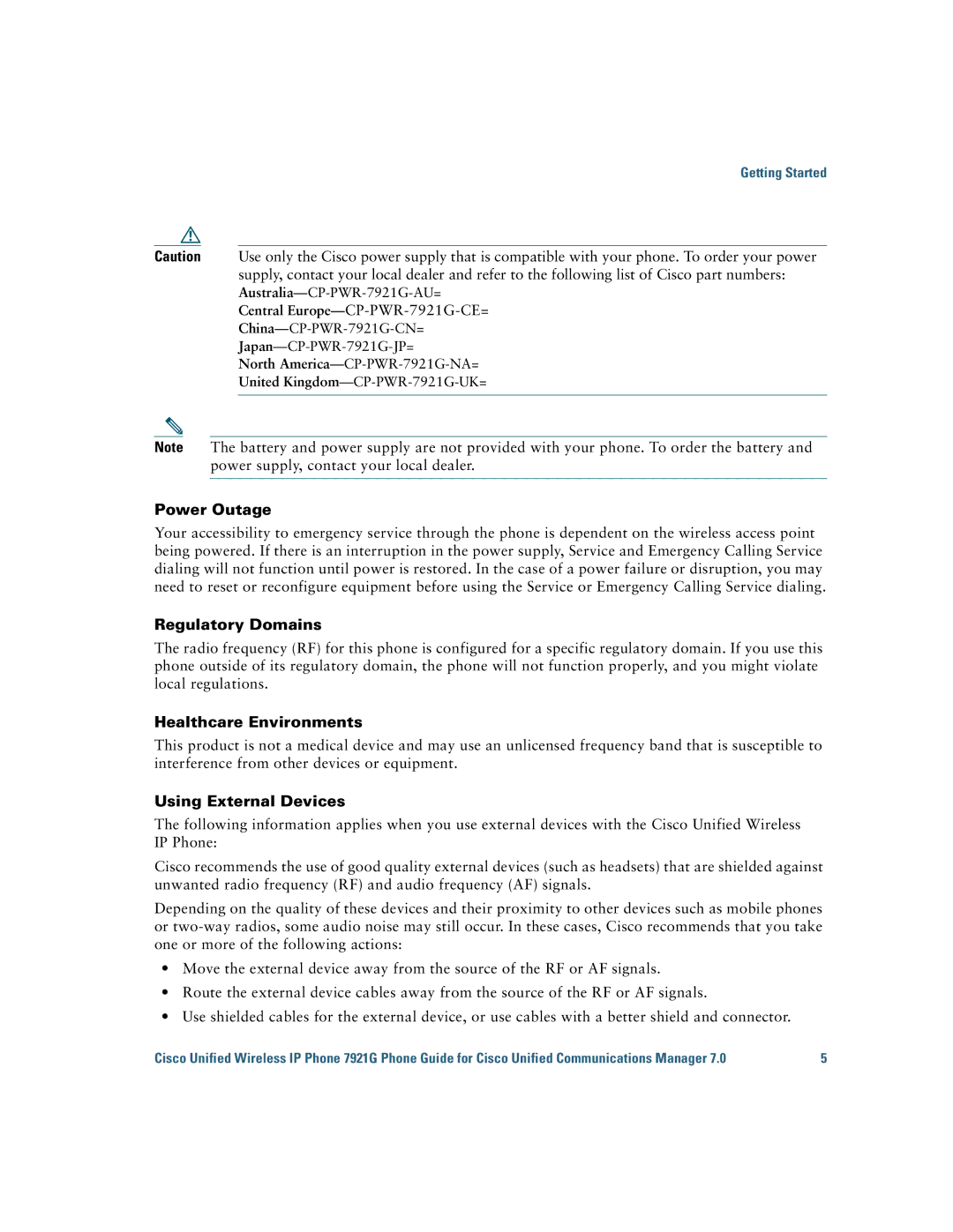 Cisco Systems CP7921GAK9RF Central Europe-CP-PWR-7921G-CE=, Power Outage, Regulatory Domains, Healthcare Environments 