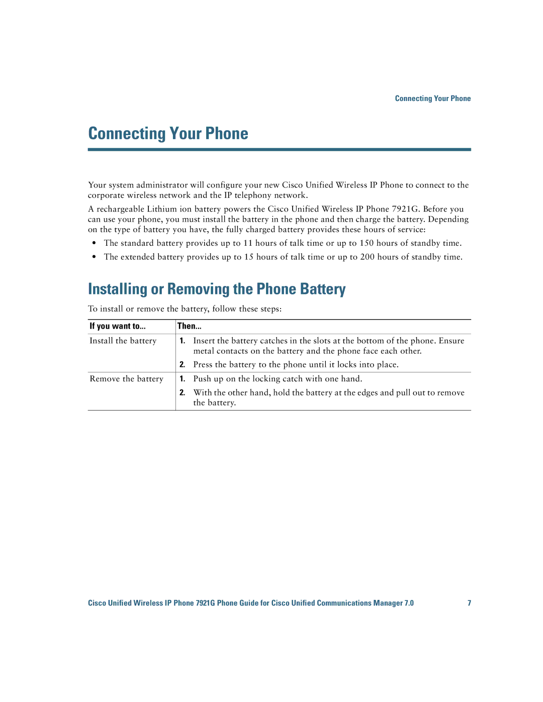 Cisco Systems CP7921GAK9RF manual Connecting Your Phone, Installing or Removing the Phone Battery 