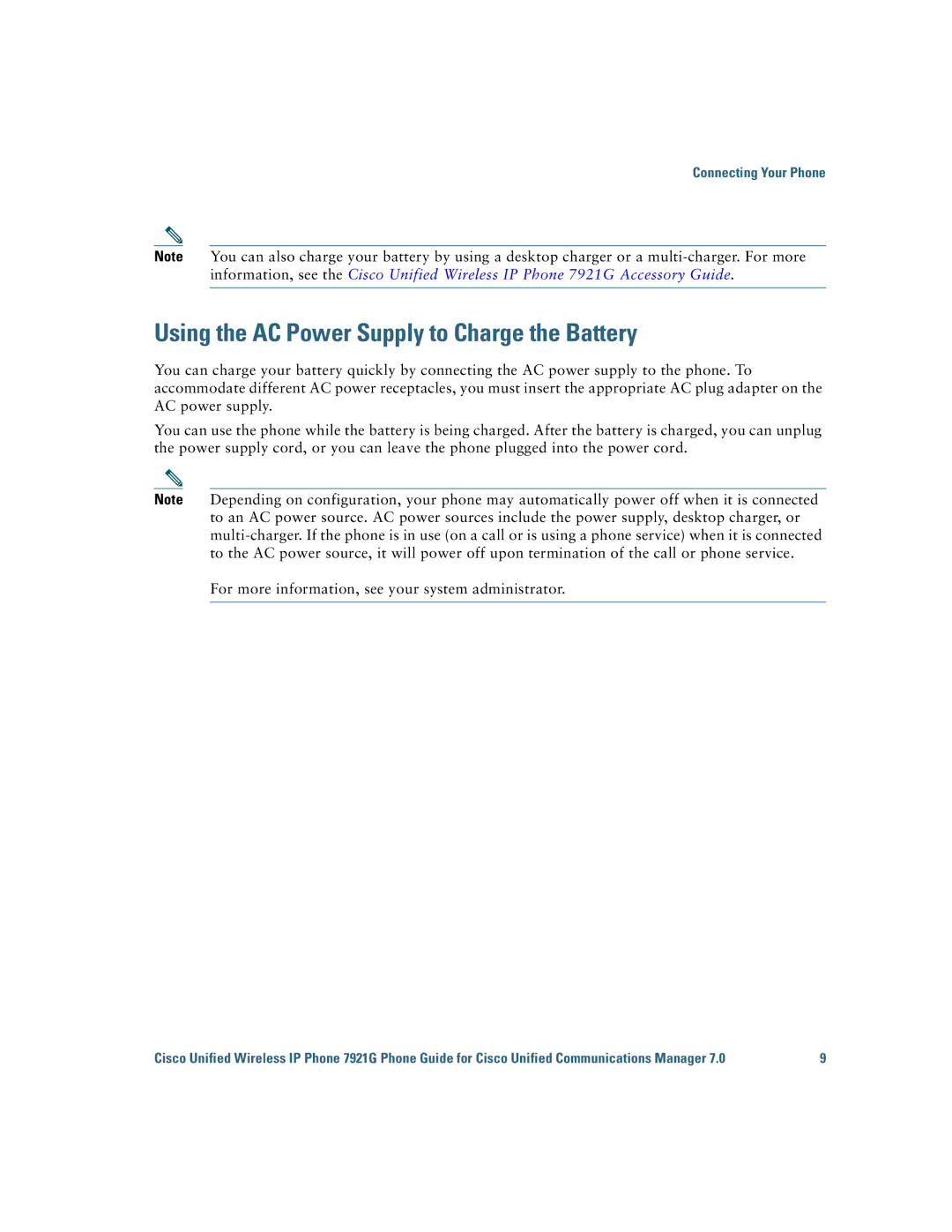 Cisco Systems CP7921GAK9RF manual Using the AC Power Supply to Charge the Battery 