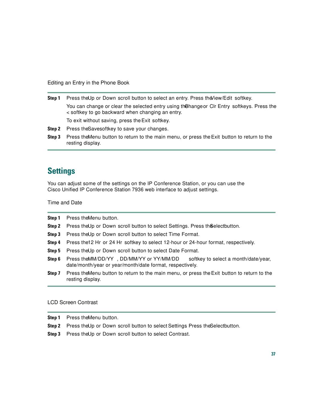 Cisco Systems CP7936RF warranty Settings, Editing an Entry in the Phone Book, Time and Date, LCD Screen Contrast 