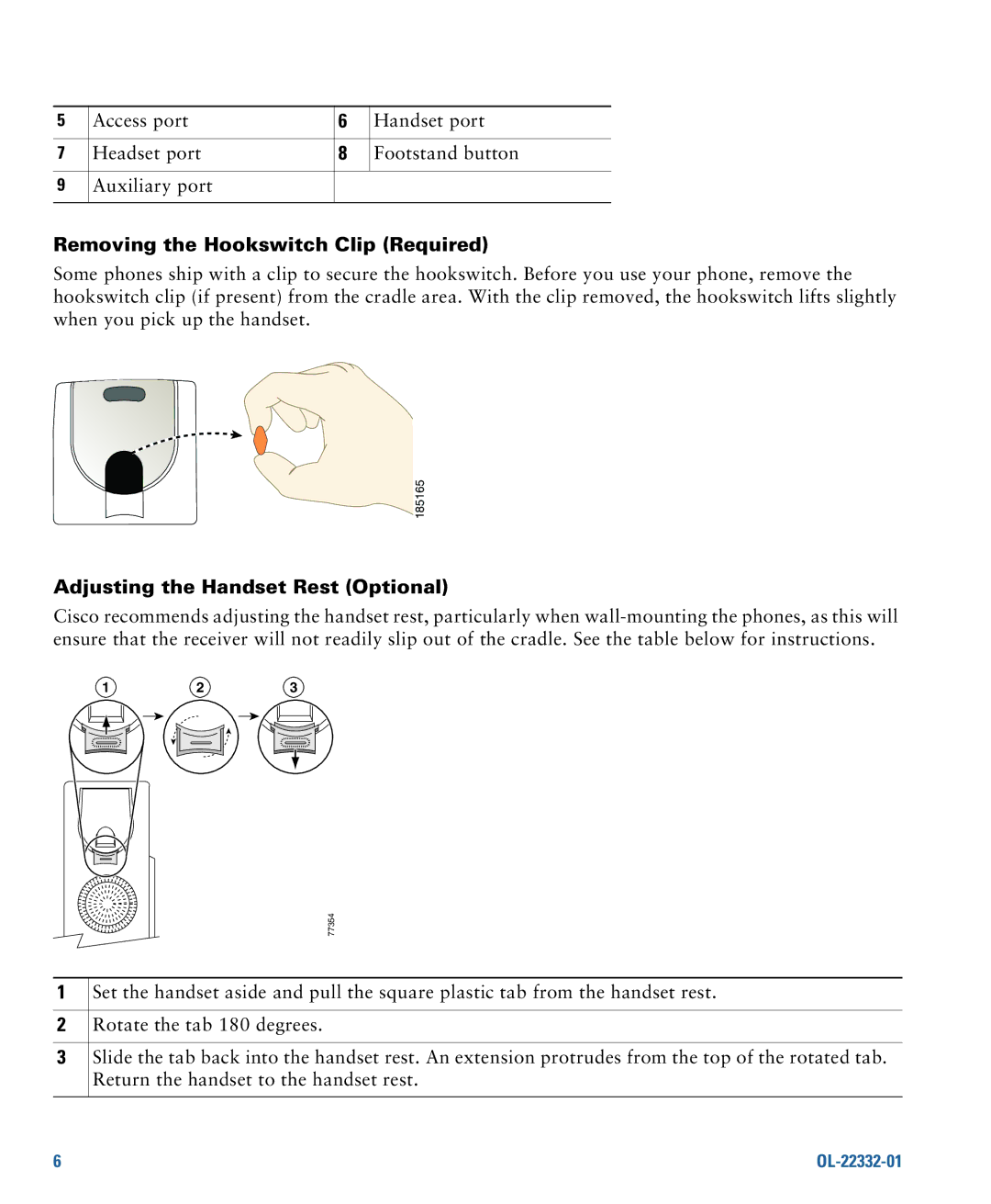 Cisco Systems CP7945G manual Removing the Hookswitch Clip Required, Adjusting the Handset Rest Optional 