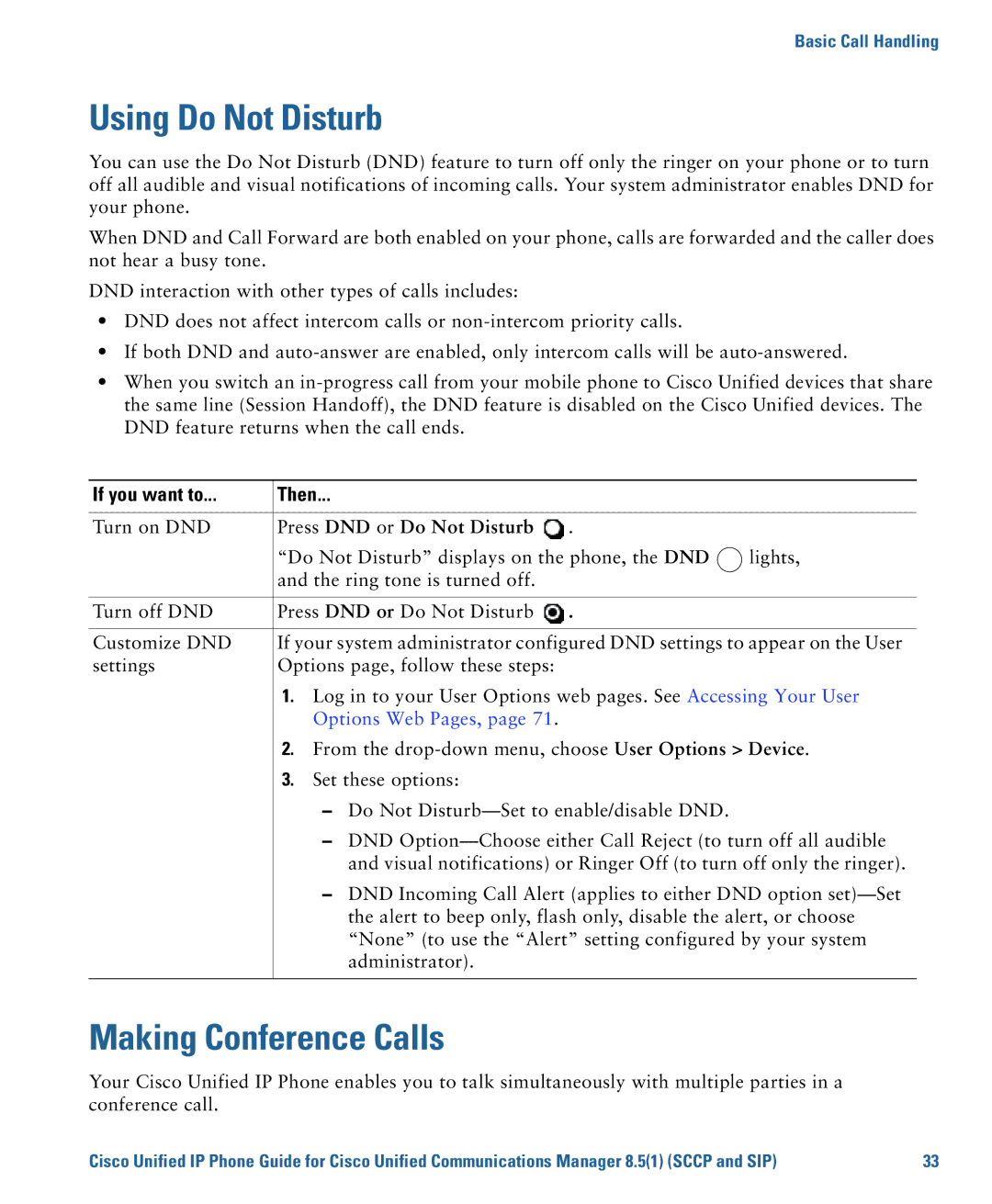 Cisco Systems CP7945G manual Using Do Not Disturb, Making Conference Calls, Press DND or Do Not Disturb 