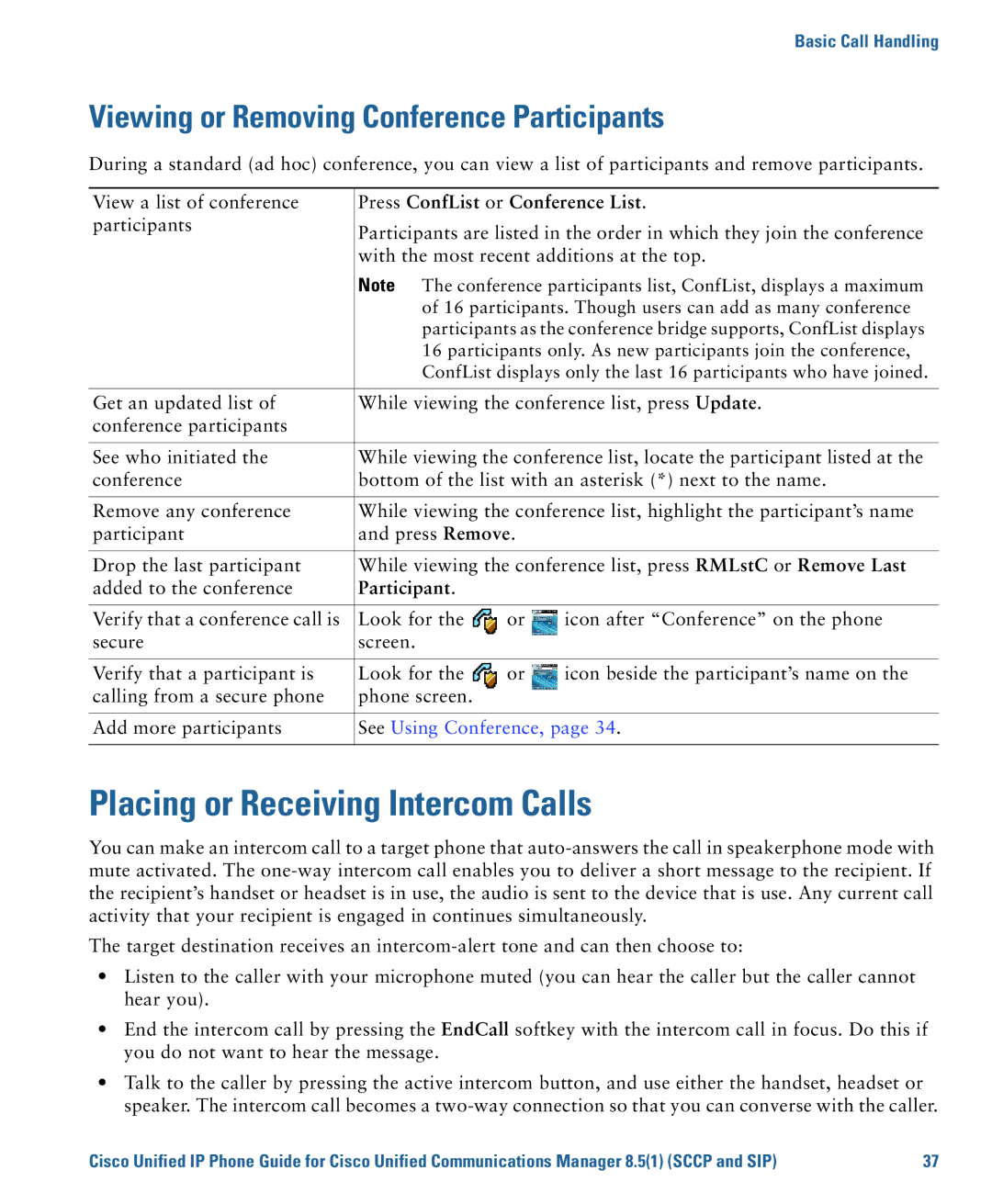 Cisco Systems CP7945G manual Placing or Receiving Intercom Calls, Viewing or Removing Conference Participants 