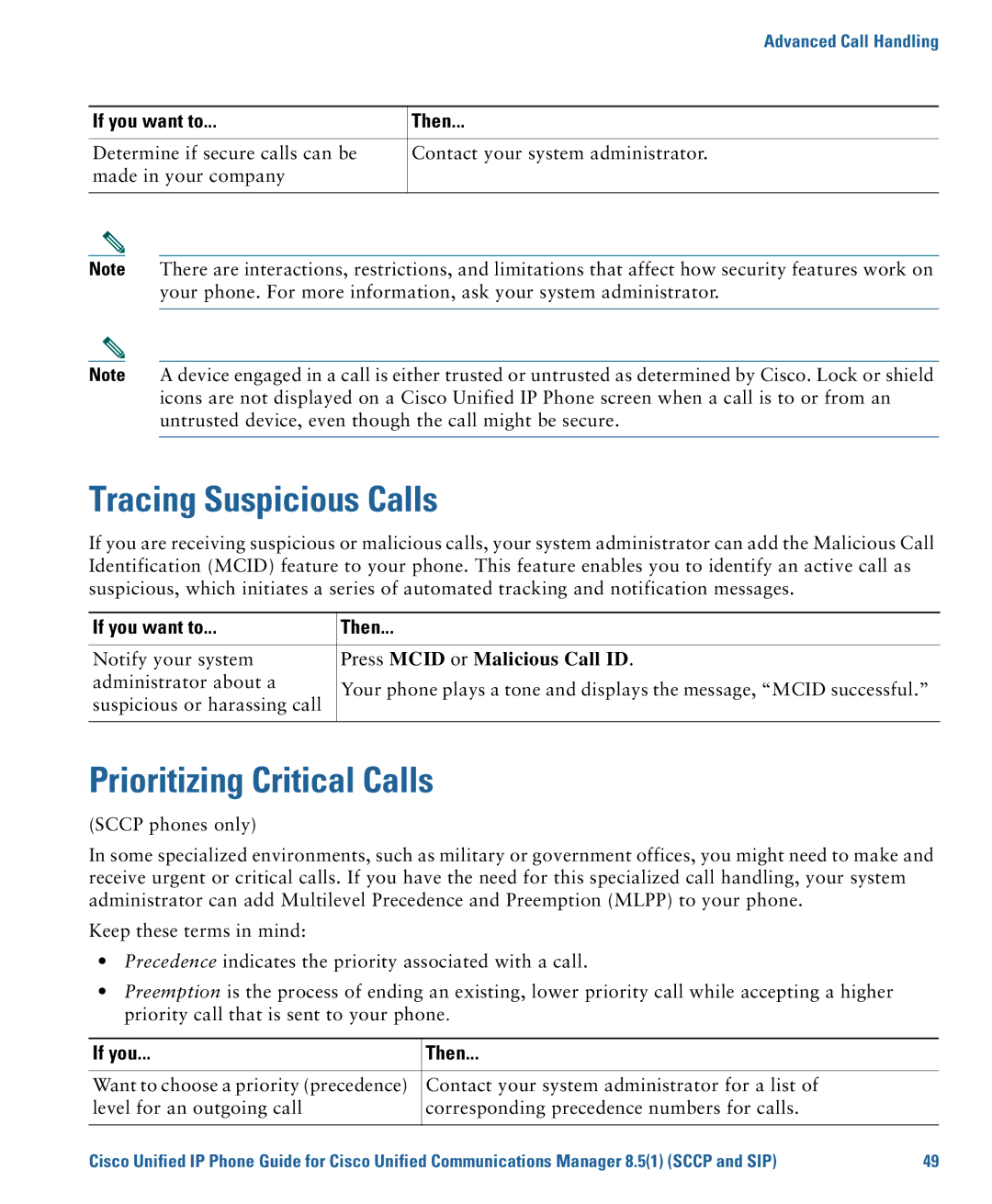 Cisco Systems CP7945G Tracing Suspicious Calls, Prioritizing Critical Calls, Press Mcid or Malicious Call ID, If you Then 