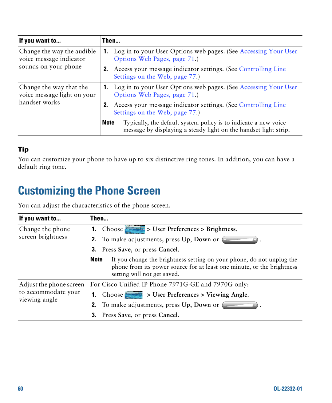 Cisco Systems CP7945G manual Customizing the Phone Screen, Options Web Pages, User Preferences Brightness 