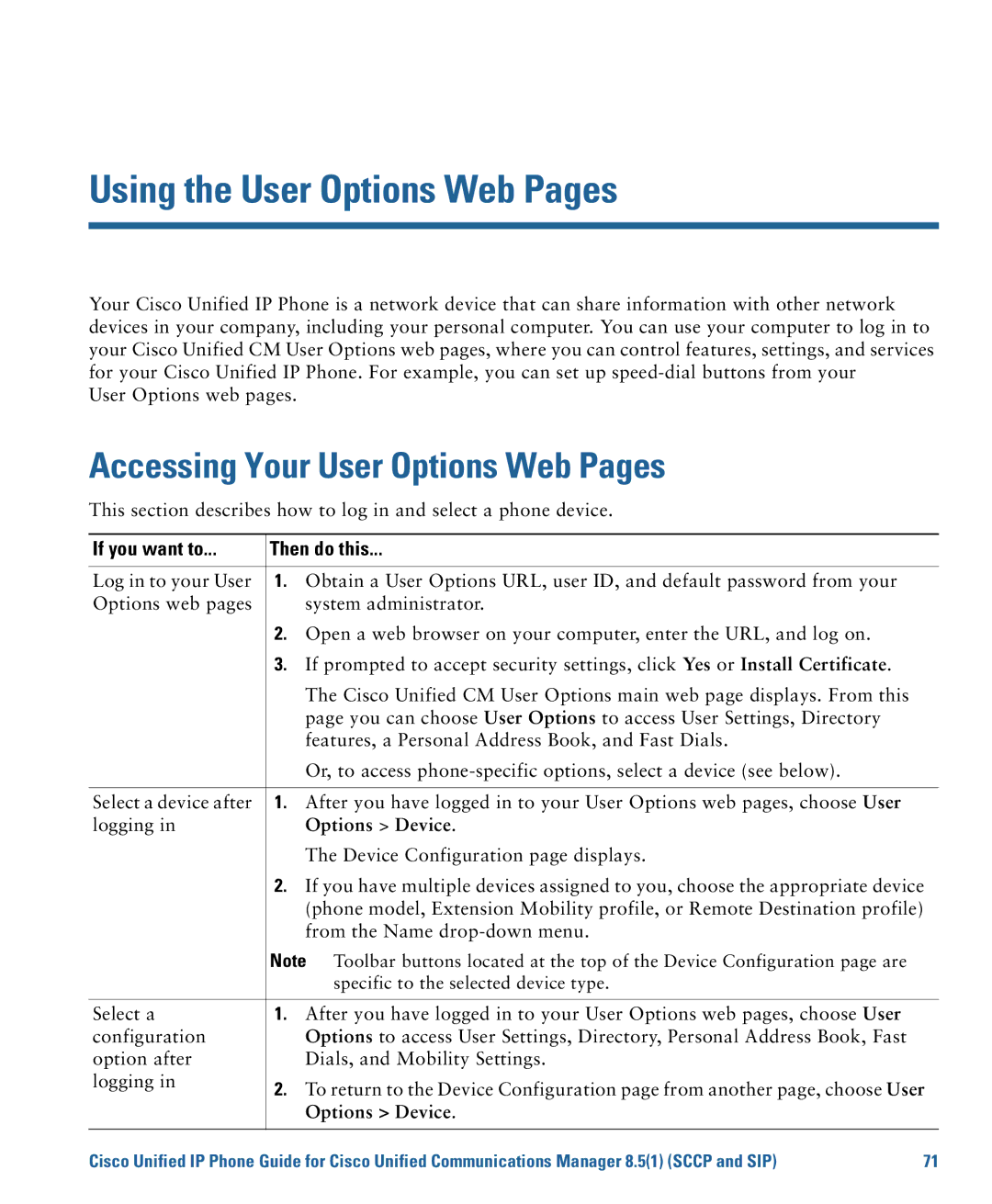 Cisco Systems CP7945G Using the User Options Web Pages, Accessing Your User Options Web Pages, If you want to Then do this 