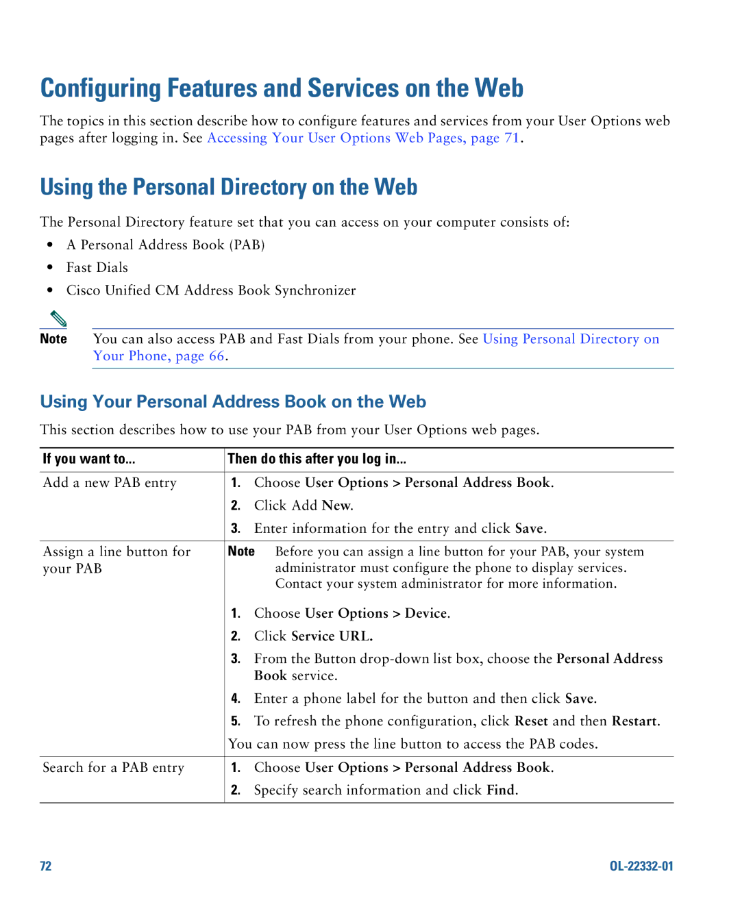 Cisco Systems CP7945G manual Configuring Features and Services on the Web, Using the Personal Directory on the Web 