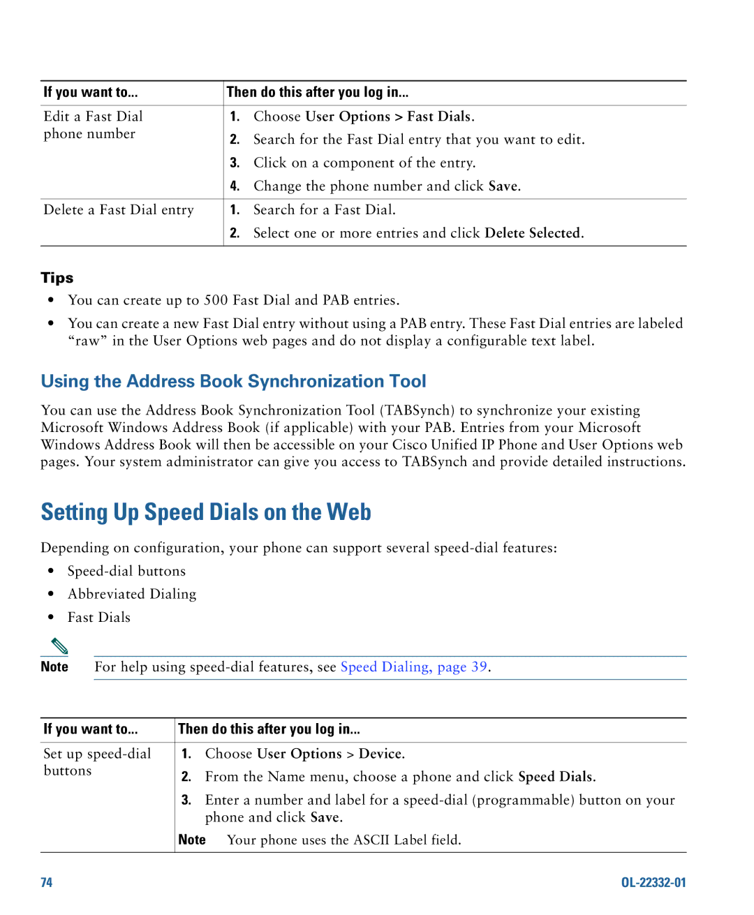 Cisco Systems CP7945G manual Setting Up Speed Dials on the Web, Choose User Options Device 