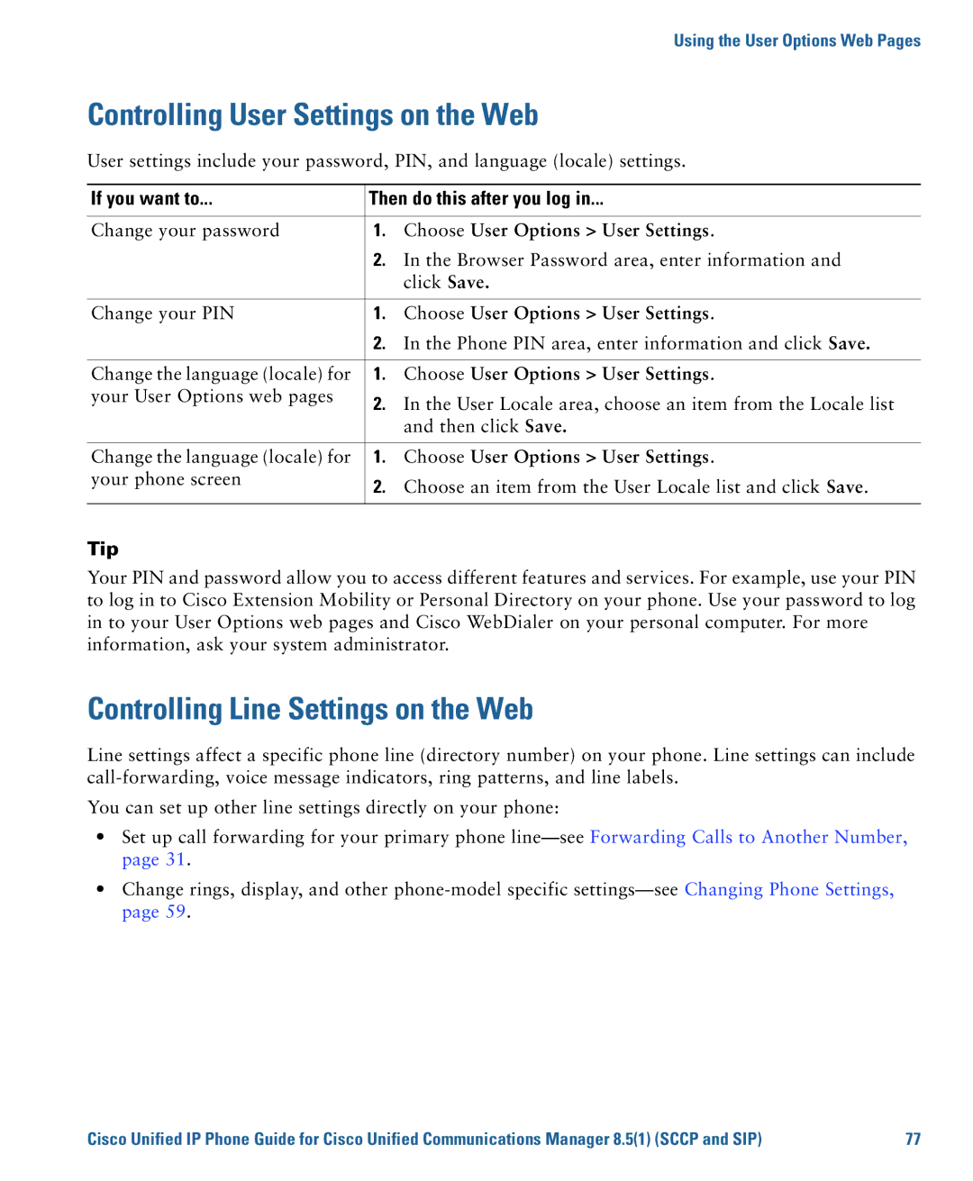 Cisco Systems CP7945G manual Controlling User Settings on the Web, Controlling Line Settings on the Web 