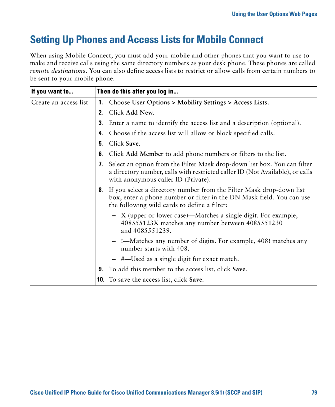 Cisco Systems CP7945G manual Setting Up Phones and Access Lists for Mobile Connect 