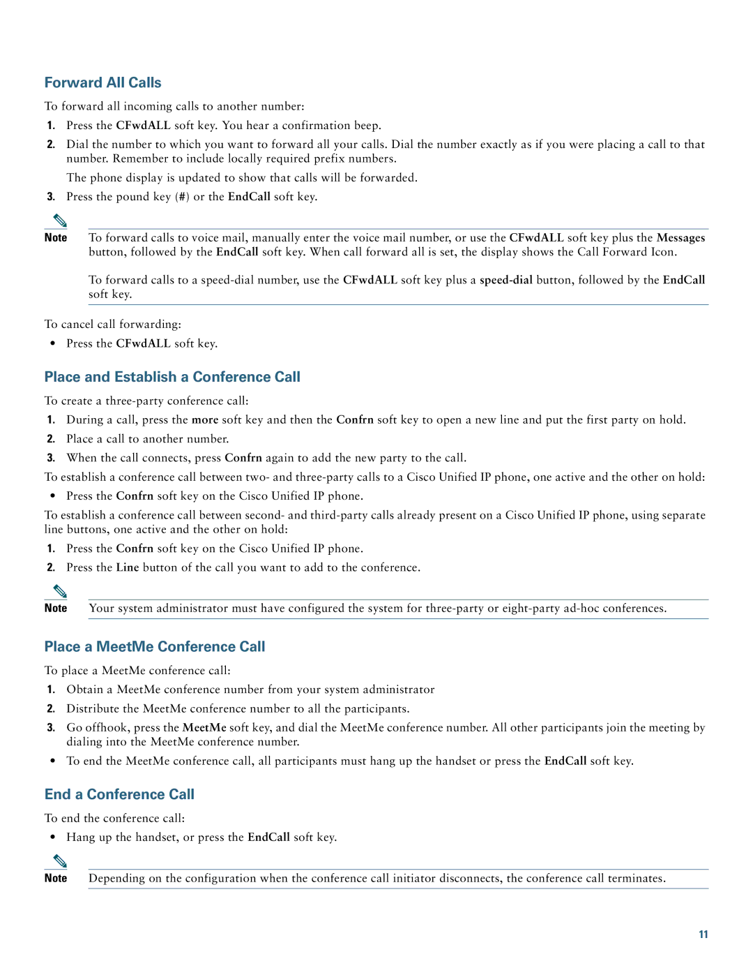 Cisco Systems CP7945GRF manual Forward All Calls, Place and Establish a Conference Call, Place a MeetMe Conference Call 