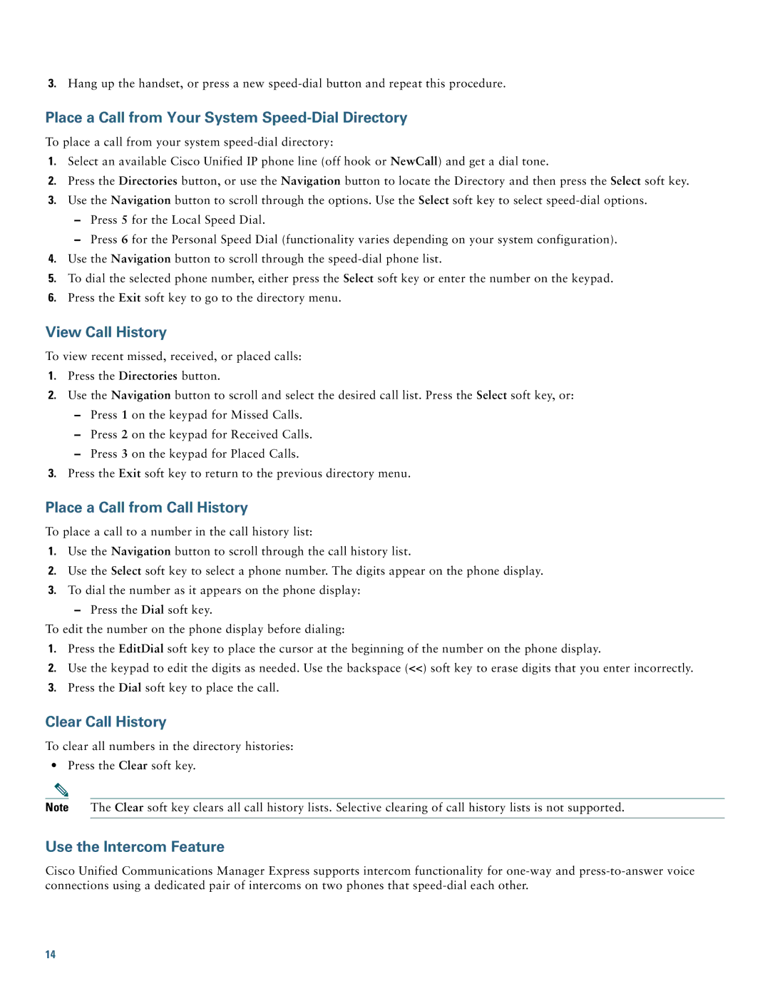 Cisco Systems CP7945GRF manual Place a Call from Your System Speed-Dial Directory, View Call History, Clear Call History 