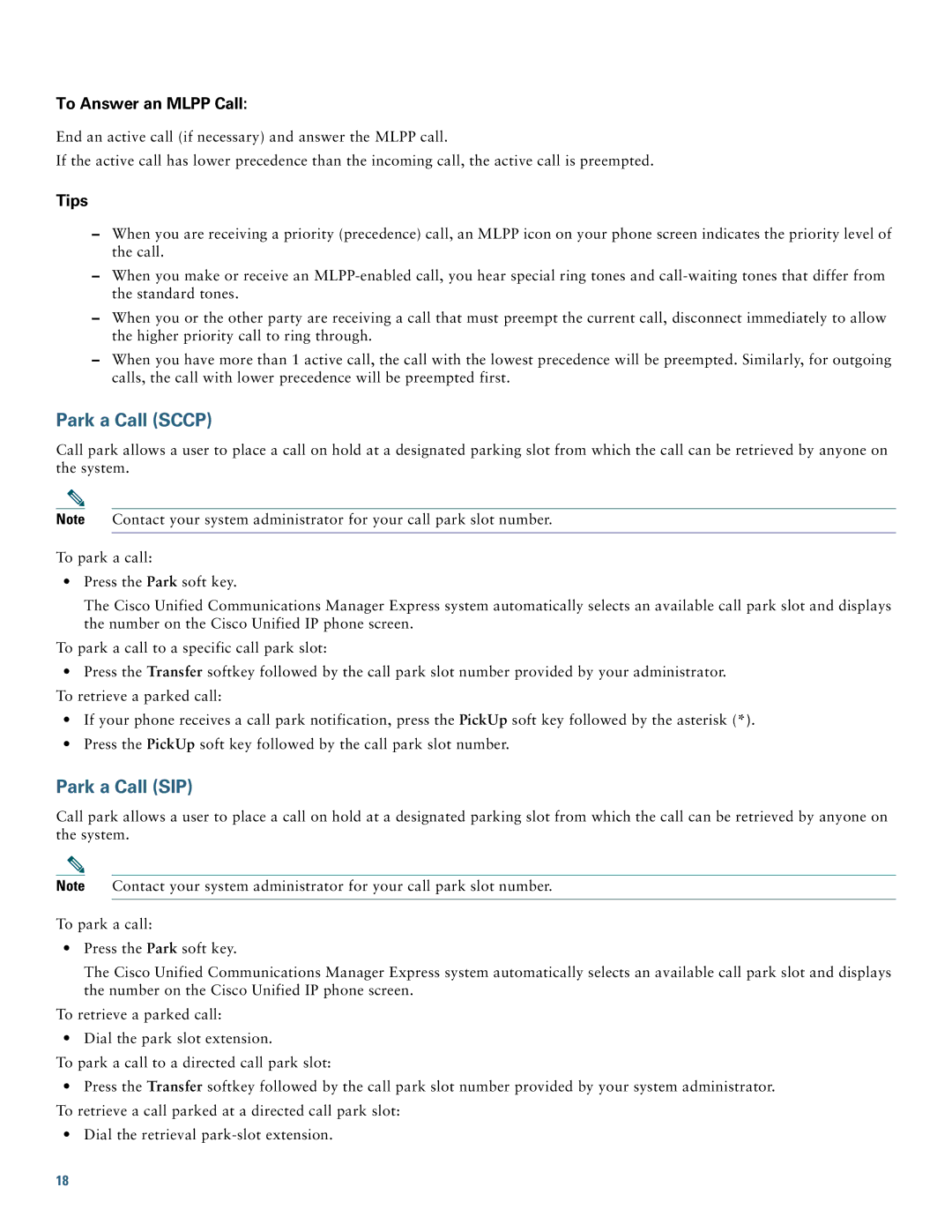 Cisco Systems CP7945GRF manual Park a Call Sccp, Park a Call SIP, To Answer an Mlpp Call 