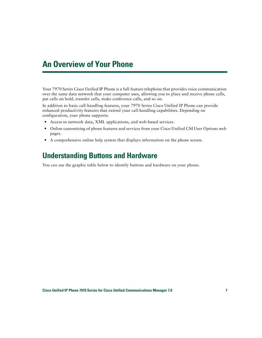 Cisco Systems CP7970GRF manual An Overview of Your Phone, Understanding Buttons and Hardware 