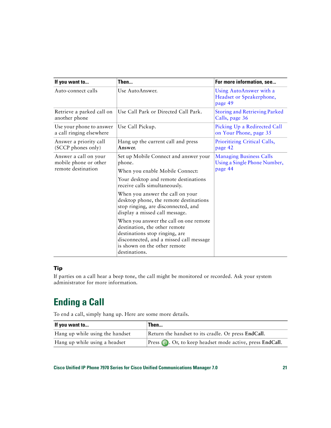 Cisco Systems CP7970GRF manual Ending a Call, Answer, Tip 