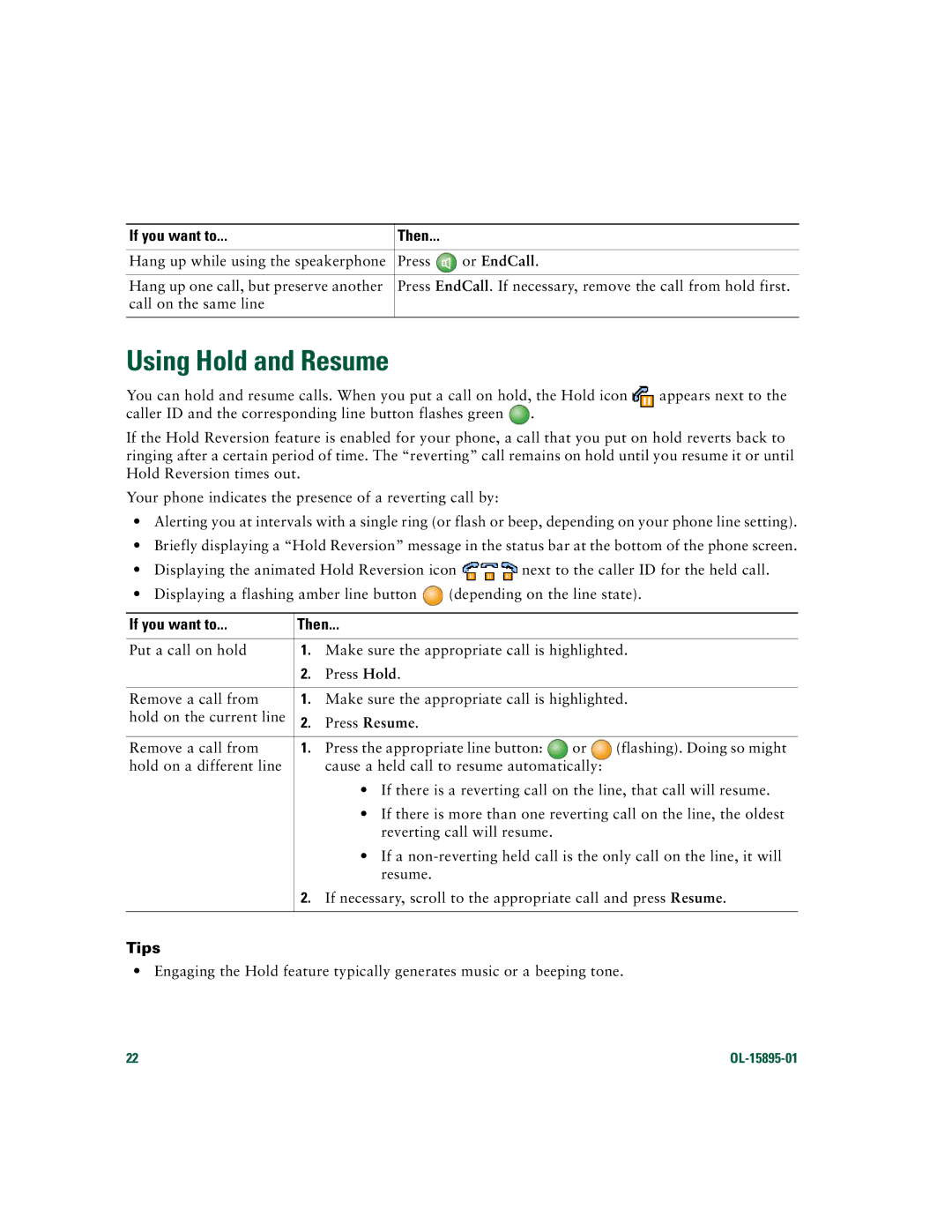 Cisco Systems CP7970GRF manual Using Hold and Resume, Or EndCall 