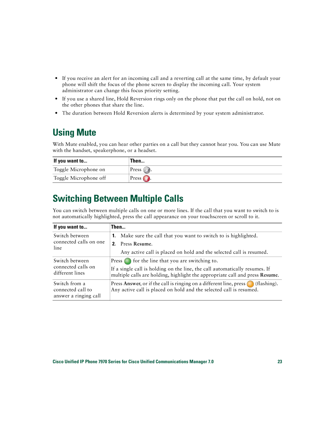 Cisco Systems CP7970GRF manual Using Mute, Switching Between Multiple Calls 