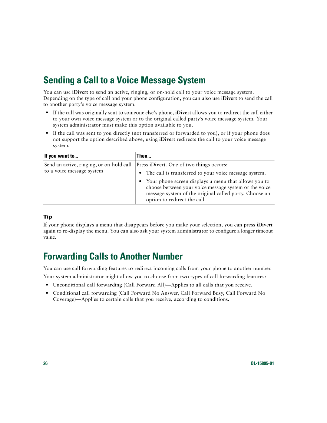 Cisco Systems CP7970GRF manual Sending a Call to a Voice Message System, Forwarding Calls to Another Number 