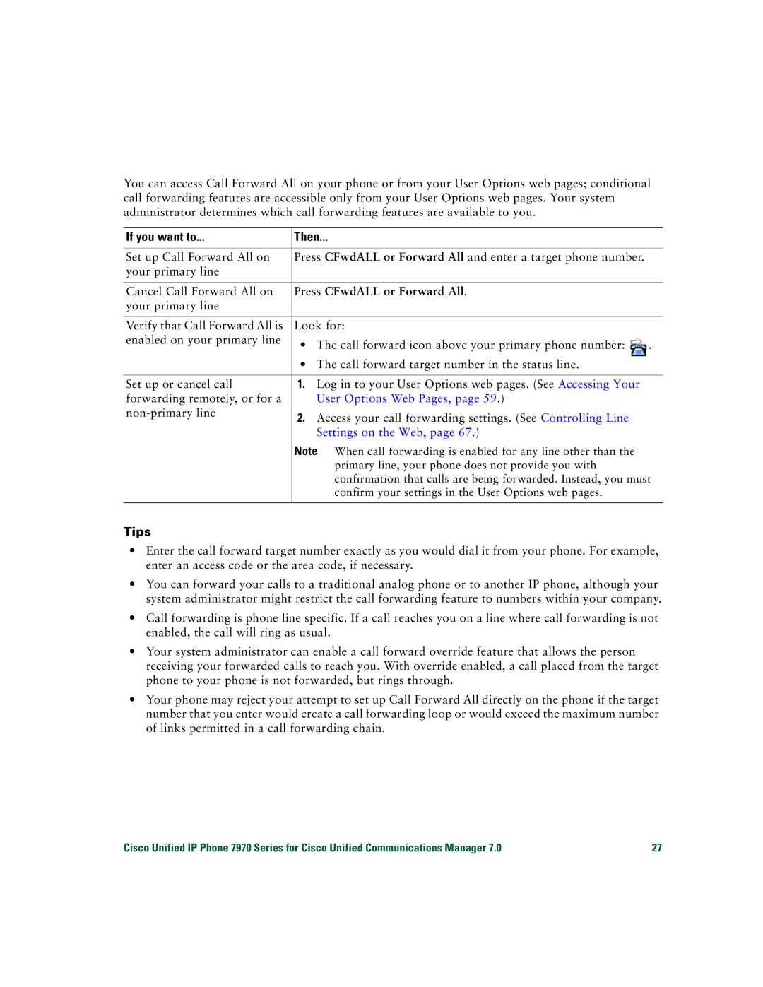 Cisco Systems CP7970GRF manual Press CFwdALL or Forward All, User Options Web Pages, Settings on the Web 