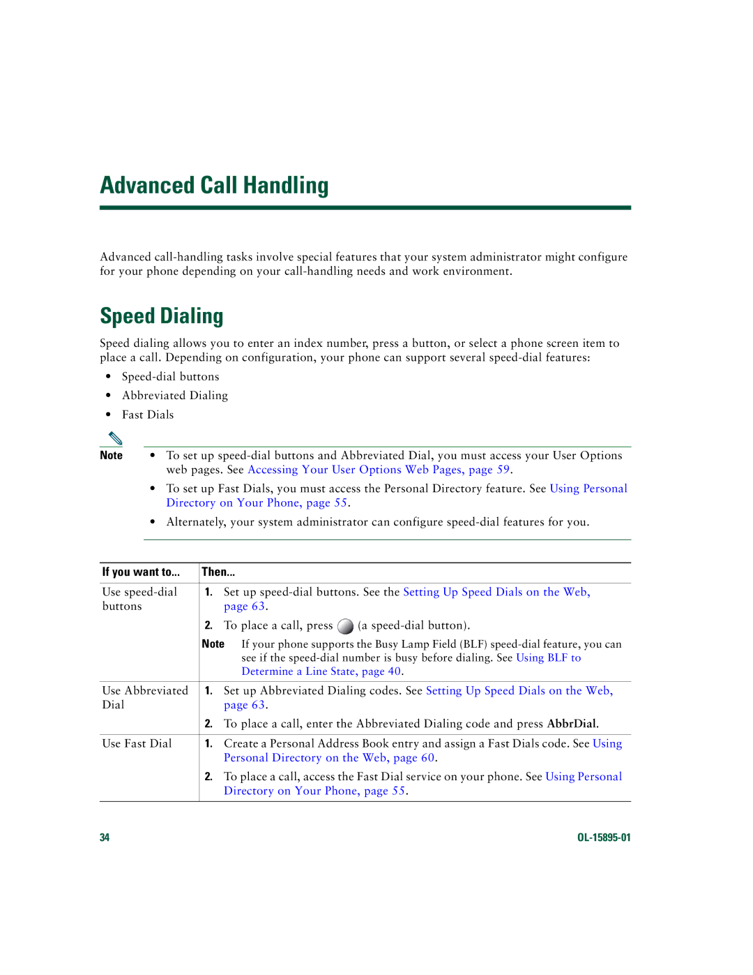 Cisco Systems CP7970GRF manual Advanced Call Handling, Speed Dialing, Web pages. See Accessing Your User Options Web Pages 