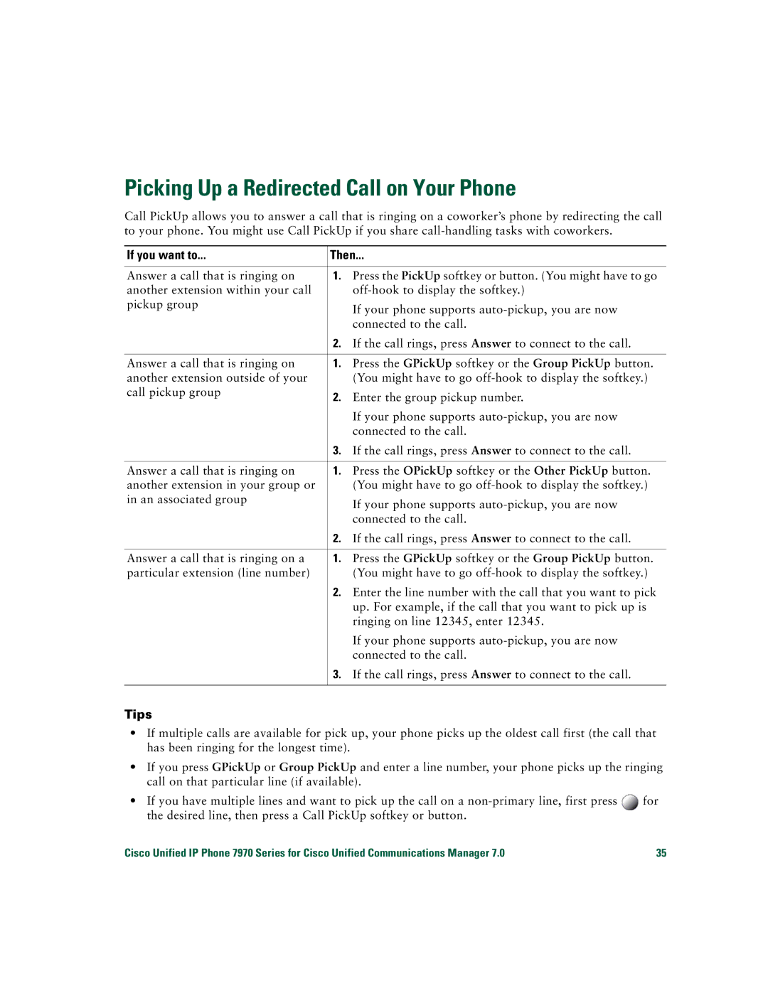 Cisco Systems CP7970GRF manual Picking Up a Redirected Call on Your Phone, Tips 