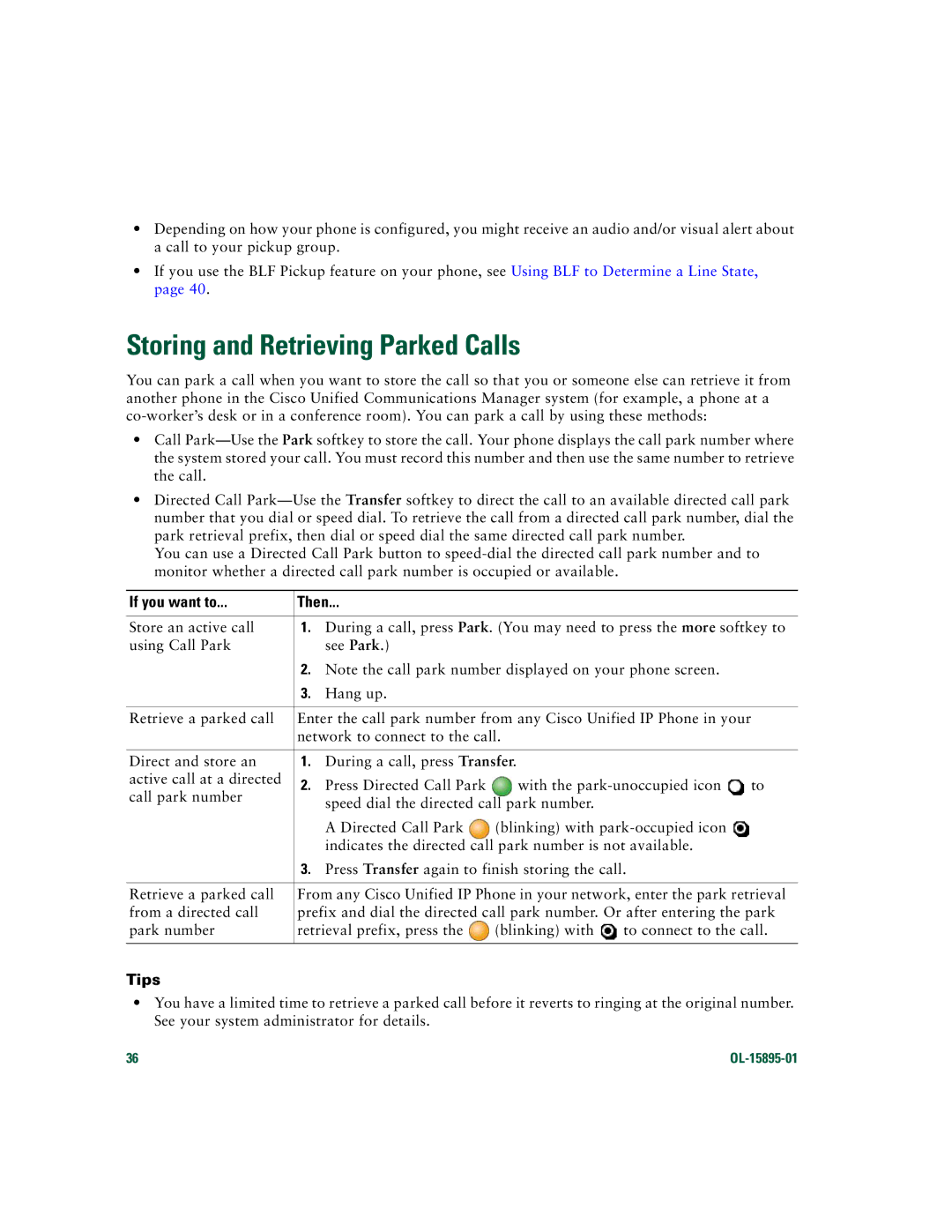 Cisco Systems CP7970GRF manual Storing and Retrieving Parked Calls 