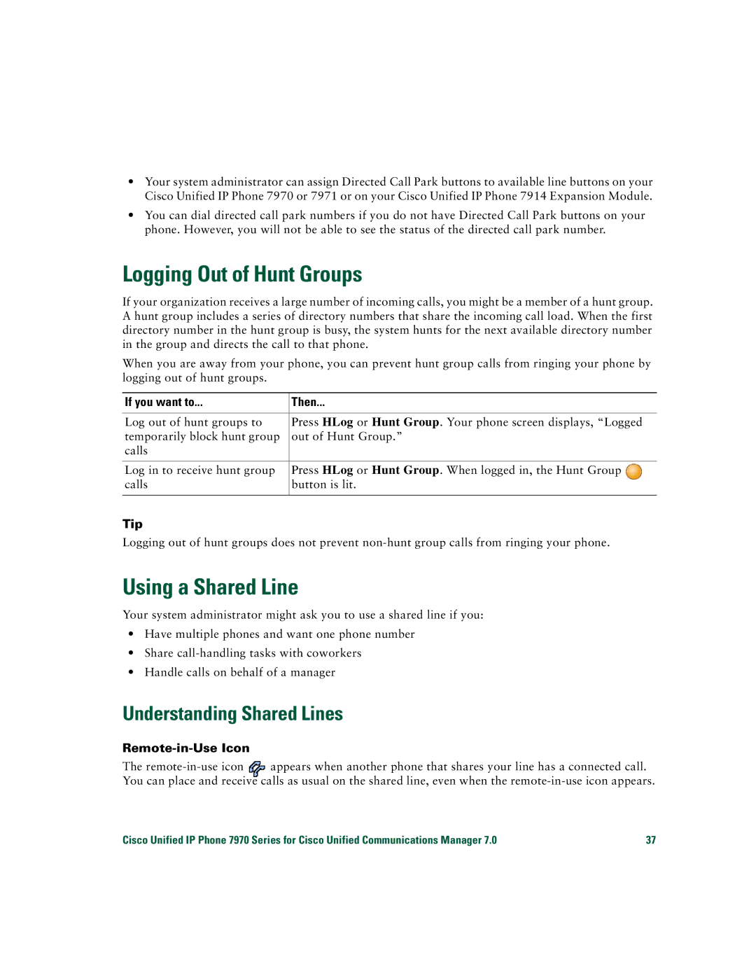 Cisco Systems CP7970GRF Logging Out of Hunt Groups, Using a Shared Line, Understanding Shared Lines, Remote-in-Use Icon 