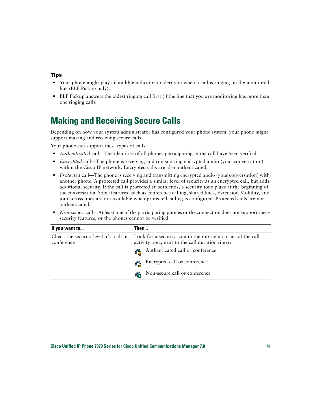 Cisco Systems CP7970GRF manual Making and Receiving Secure Calls 