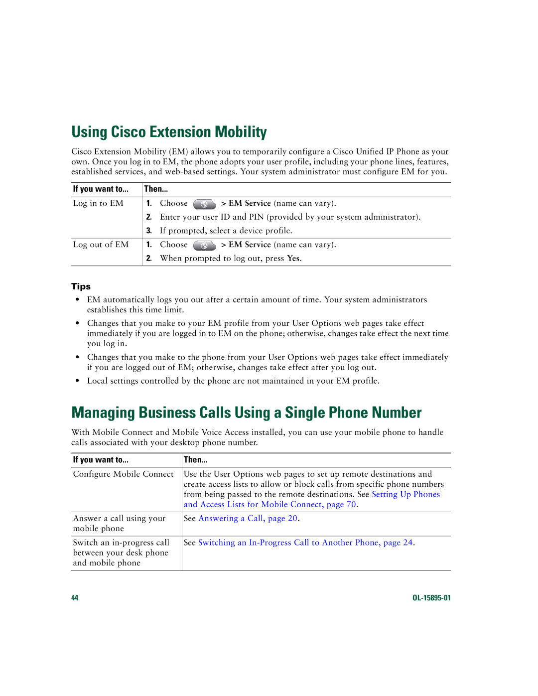 Cisco Systems CP7970GRF manual Using Cisco Extension Mobility, Access Lists for Mobile Connect, See Answering a Call 