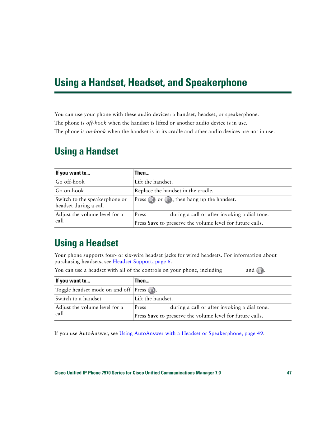 Cisco Systems CP7970GRF manual Using a Handset, Headset, and Speakerphone, Using a Headset 