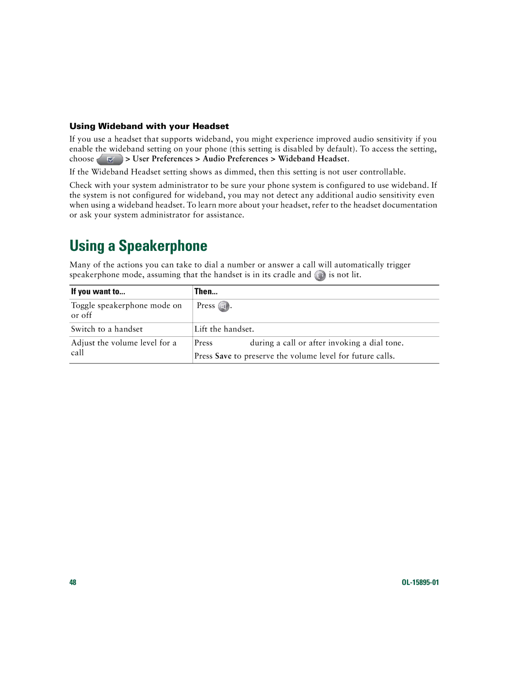 Cisco Systems CP7970GRF manual Using a Speakerphone, Using Wideband with your Headset 