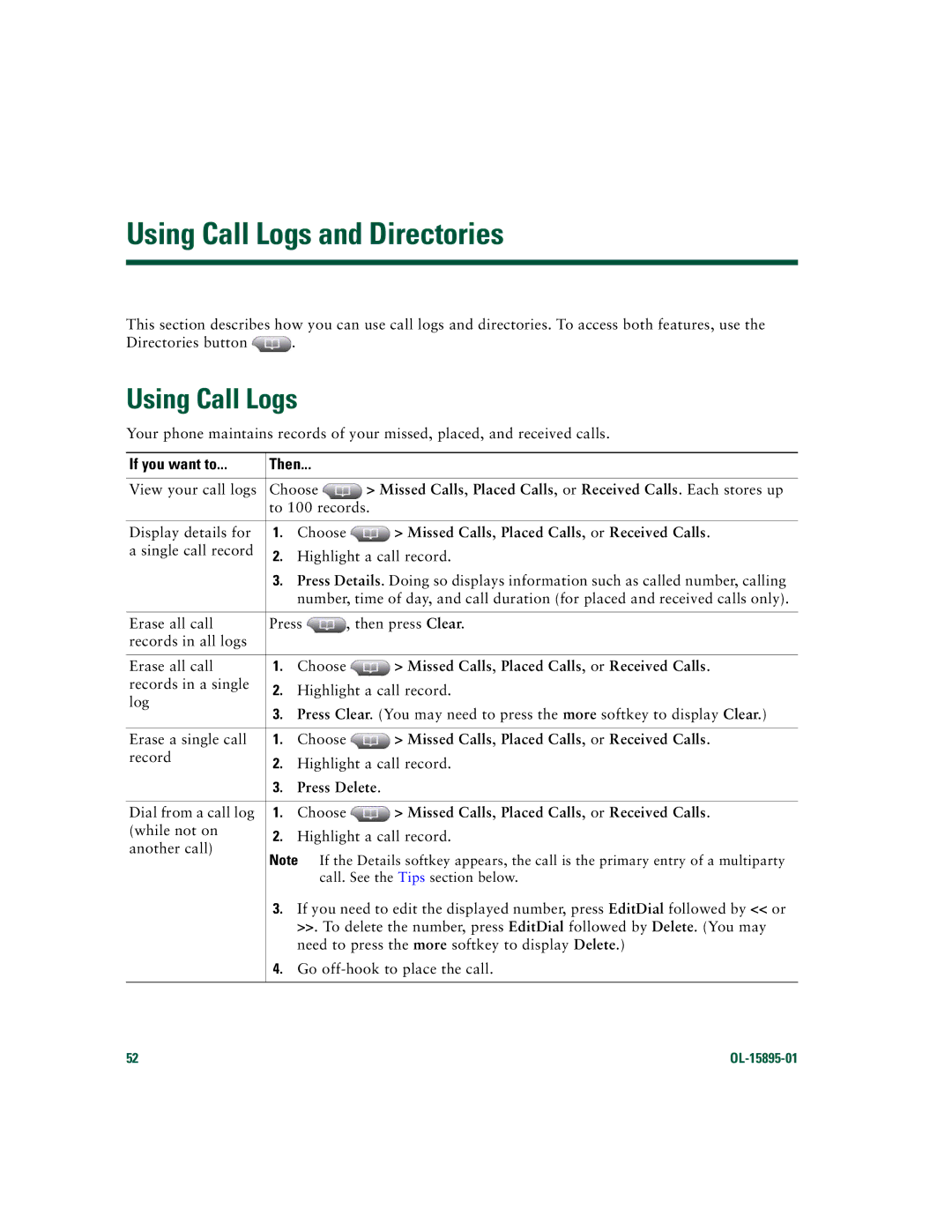 Cisco Systems CP7970GRF manual Using Call Logs and Directories, Missed Calls, Placed Calls, or Received Calls, Press Delete 