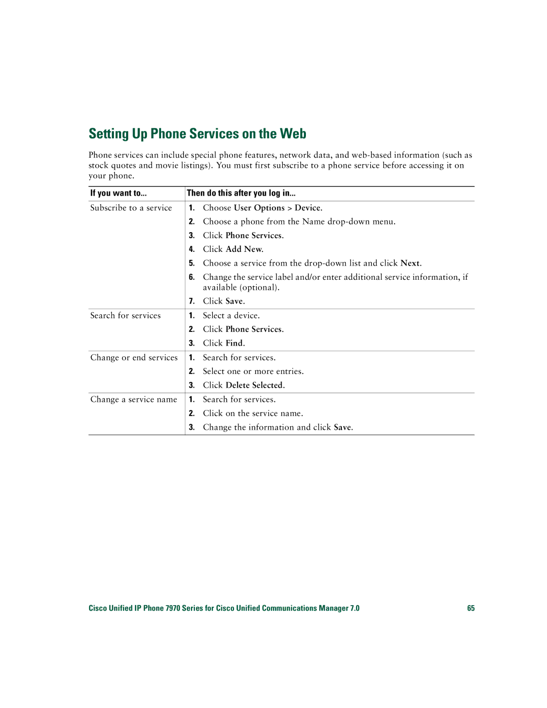 Cisco Systems CP7970GRF manual Setting Up Phone Services on the Web, Click Phone Services 