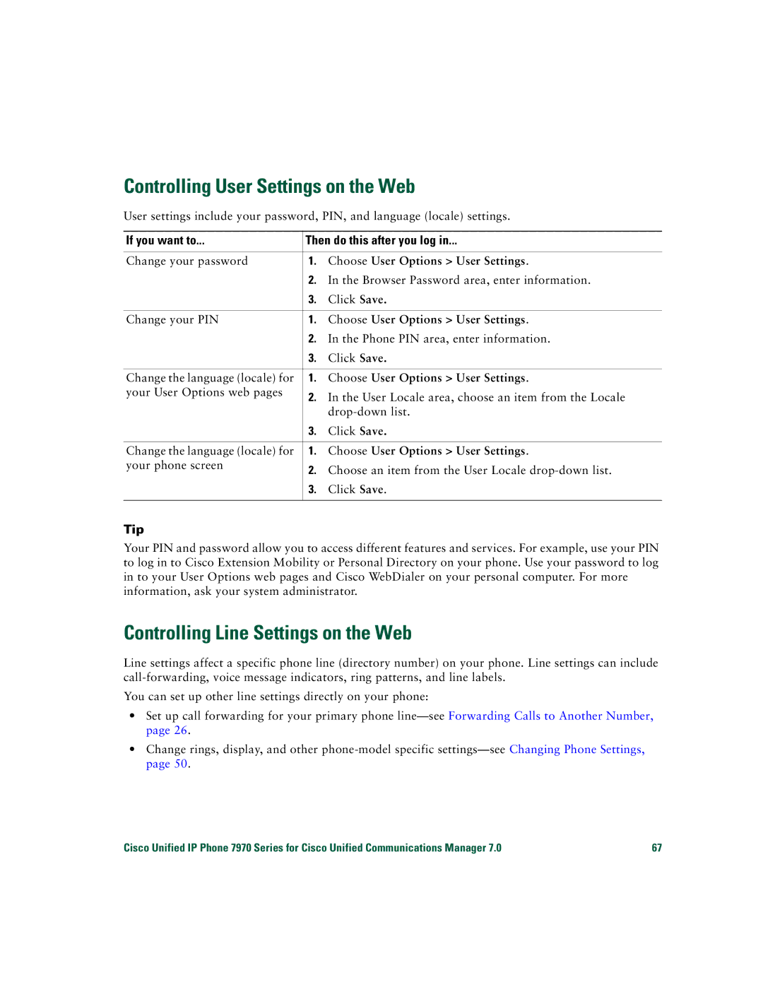 Cisco Systems CP7970GRF manual Controlling User Settings on the Web, Controlling Line Settings on the Web 