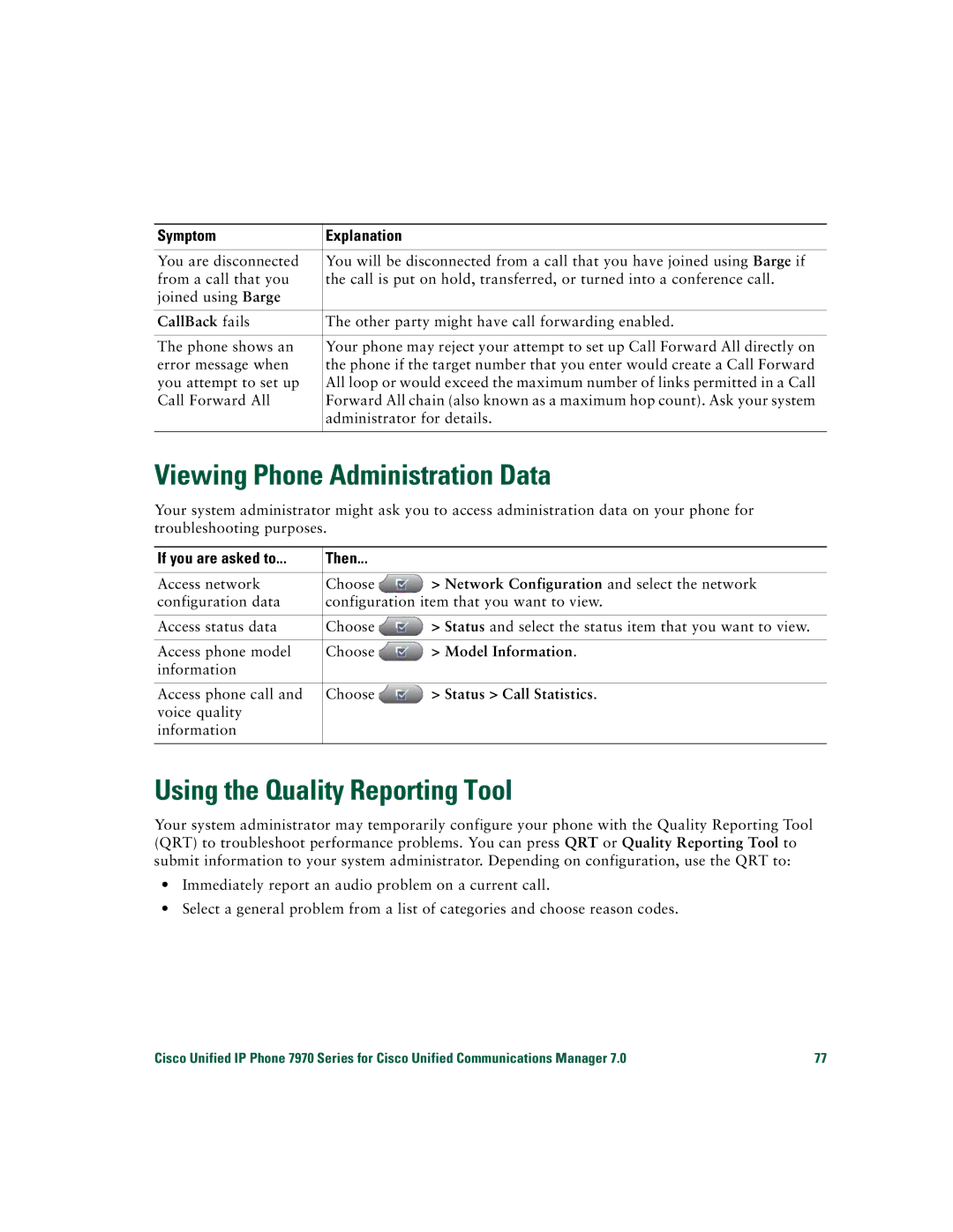 Cisco Systems CP7970GRF Viewing Phone Administration Data, Using the Quality Reporting Tool, If you are asked to Then 