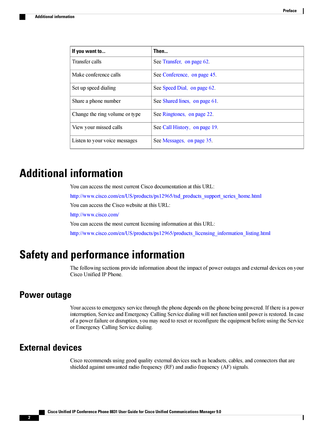 Cisco Systems CP8831DCK9 manual Additional information, Safety and performance information, Power outage, External devices 