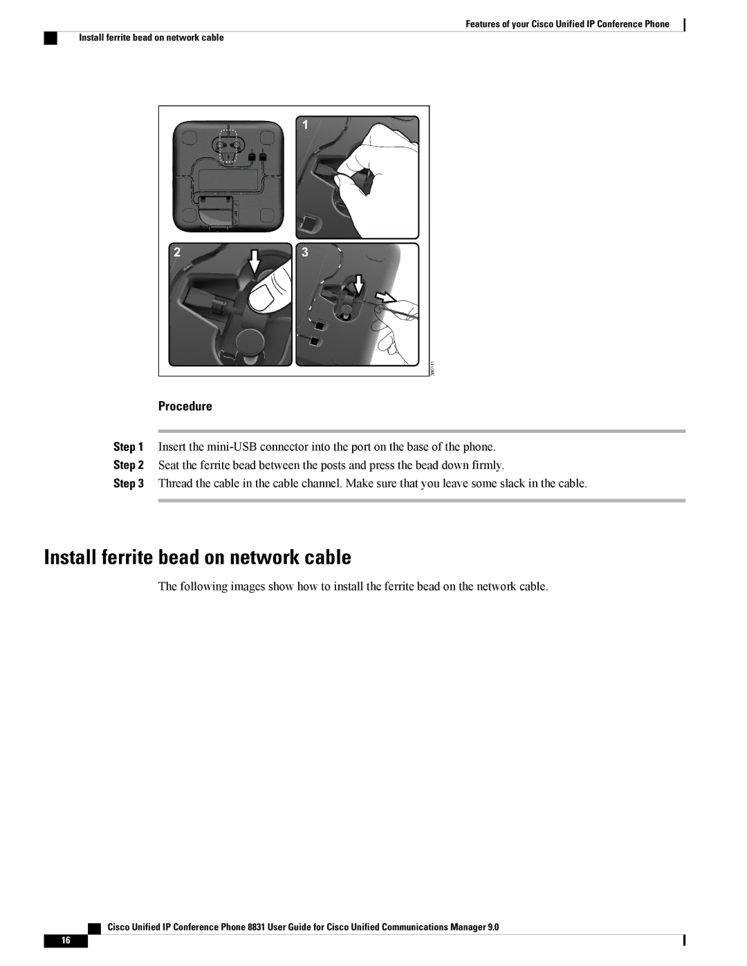 Cisco Systems CP8831K9, CP8831DCK9, CPMICWIREDS manual Install ferrite bead on network cable, Procedure 