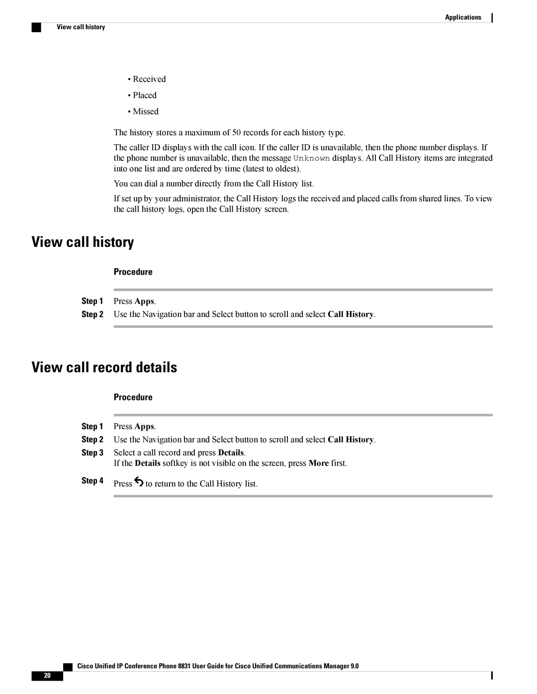 Cisco Systems CP8831DCK9, CP8831K9, CPMICWIREDS manual View call history, View call record details, Step 